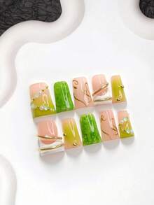 10pcs Exquisite Elegant Handmade Press-On Nails, Polygel Nail Set, Blue Bubble Bead Decor, Hand-Painted Gold Glitter Accents, Green Nail Polish, Fresh Style, Includes Nail Tools, 3 Sizes Available, Almond, Duck, Coffin Shape, Suitable For Party, Dancing, Daily Wear - 彩色 - 查看 15