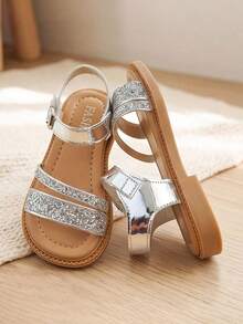 1 Paar Mädchen Silber Glitzer Doppeltriemen Prinzessin Sandalen, verstellbare Metallschnalle Knöchelriemen, rutschfeste flache Sohle, atmungsaktive offene Zehenpartie leichte Sommerschuhe, geeignet für Kleinkinder.Kinder Alltag.Party.Bühne.Reisen.Zuhause.Outdoor Kindersandalen - Silber - Übersicht 6