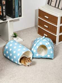 2pcs Blue Star Pattern Hamster Bed, Guinea Pig Tunnel, Rabbit Hideout, Washable Small Pet Warm Nest With Guinea Pig Tunnel, Rabbit Hideout Cage Accessories Set, Suitable For Hamsters, Ferrets, Rabbits - Baby Blue - View 4