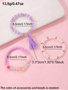 3pcs/Set Girls Cartoon Bow Colorful Beads Beaded Bracelet Set Combination Suitable For Daily Decoration - Multicolor - View 6