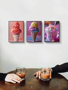 3 pièces/3 Pièces Art Mural Glace Colorée, Œuvre sur canevas Dessert Rose Pastel Doux, Peinture Thème Bonbon Esthétique Moderne, Décoration Murale Gourmandise d'Été Mignonne pour Chambre de Fille Cuisine Café - A - Voir 7