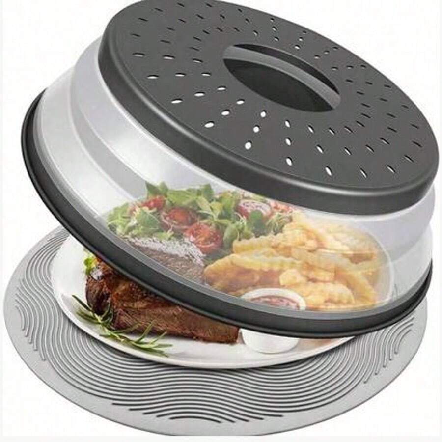 Microwave Oven Splash Cover, Medium (Charcoal Gray) - Foldable, Breathable Silicone Splash Cover - Microwave Oven Plate Cover With Handle - Kitchen Gadget, Ideal For Food Preparation