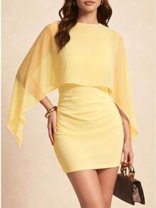 Vestido mini ligero de verano de unicolor con mangas de murciélago y patchwork 2 en 1, adecuado para citas nocturnas, vacaciones, fiestas de cumpleaños y uso diario elegante - Amarillo Mostaza - Ver 3