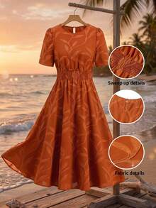 Orange Jacquard Floral Silhouette Romantic Vacation Elegant A-Line Dress - Camel - View 2