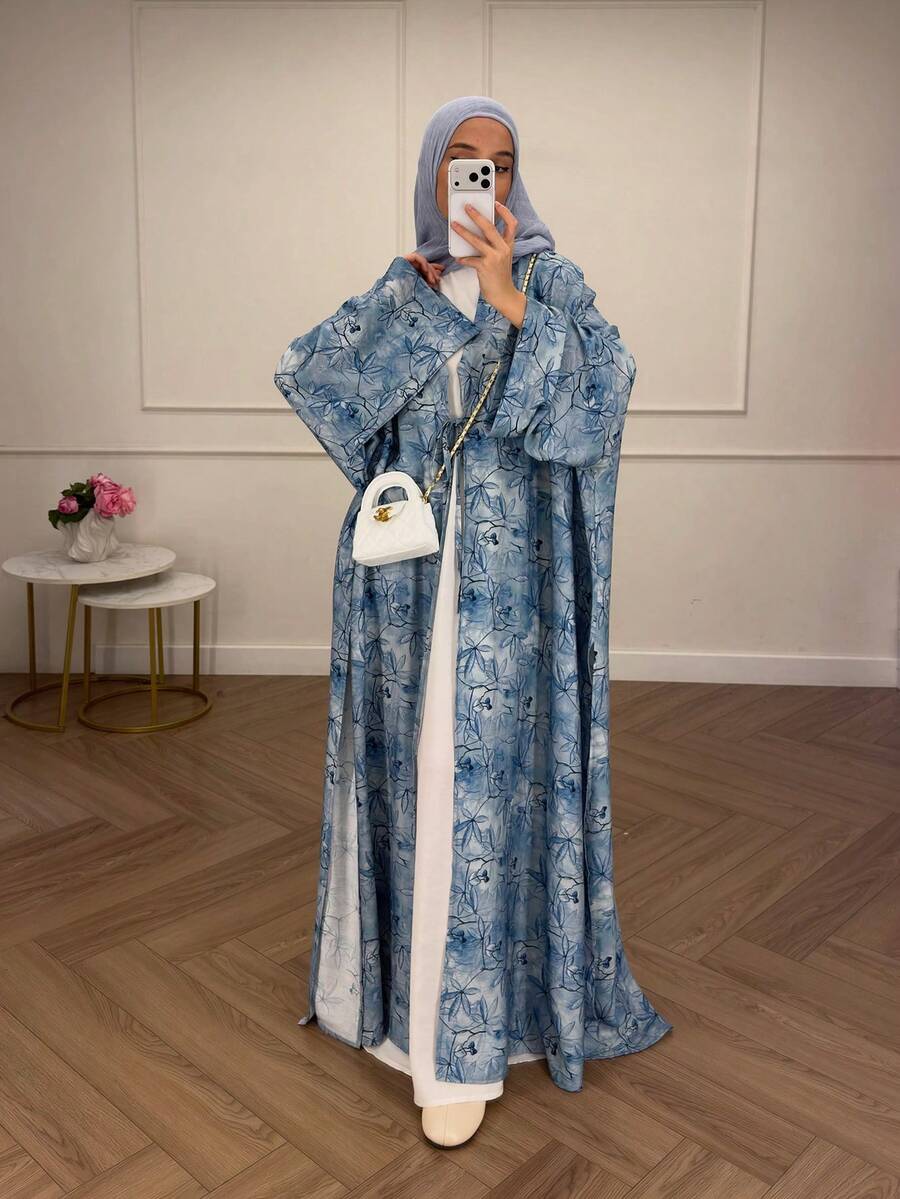 Women's Blue Floral Pattern Long Loose Batwing Sleeve Knitted Islamic Abaya Fall - View 1