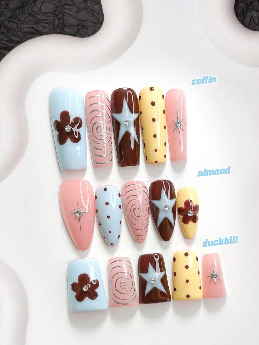 10pcs/Set Sweet Style Handmade Press-On Nails, Poly Gel Nail Art Set, Star Floral Polka Dot Rhinestone Design, Yellow & Blue Nail Color, Fresh Style, Includes Nail Tools, 3 Sizes Available, Almond/Duck/Coffin Shape, Suitable For Party, Dancing, Daily Wear - 彩色 - 查看 1