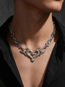 3pcs/Set Valentine's Day Gift, Punk Silver Hollow Flame Heart Pendant Earrings Necklace Jewelry Set For Girlfriend, Unisex Hip Hop Party Jewelry Gift - Silver - View 12