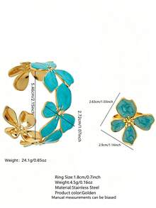 2PCS Minimalist Fashion Vintage Elegant Gentle Style Oil Drop Enamel Four-Leaf Flower Bracelet & Ring Set, Stainless Steel Women's Jewelry Set, Suitable For Daily Wear/Garden Party/Evening Party/Afternoon Tea/Street Style/Holiday Gift For Girlfriend - Yellow Gold - View 12