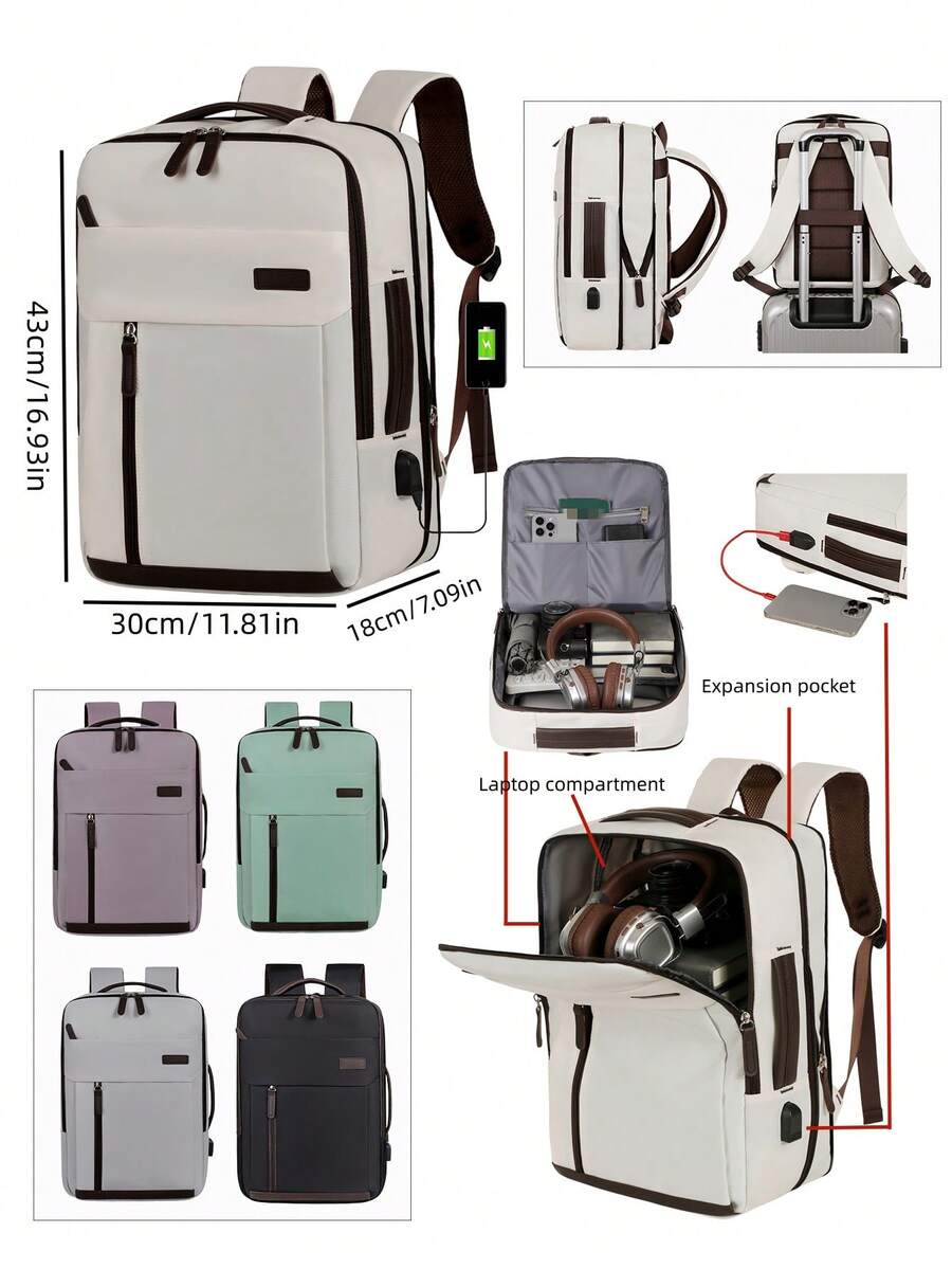 可擴展旅行筆電後背包,附USB接口,防水登機包,適用於廉價航空、商務與短途旅行 - 彩色 - 查看 1