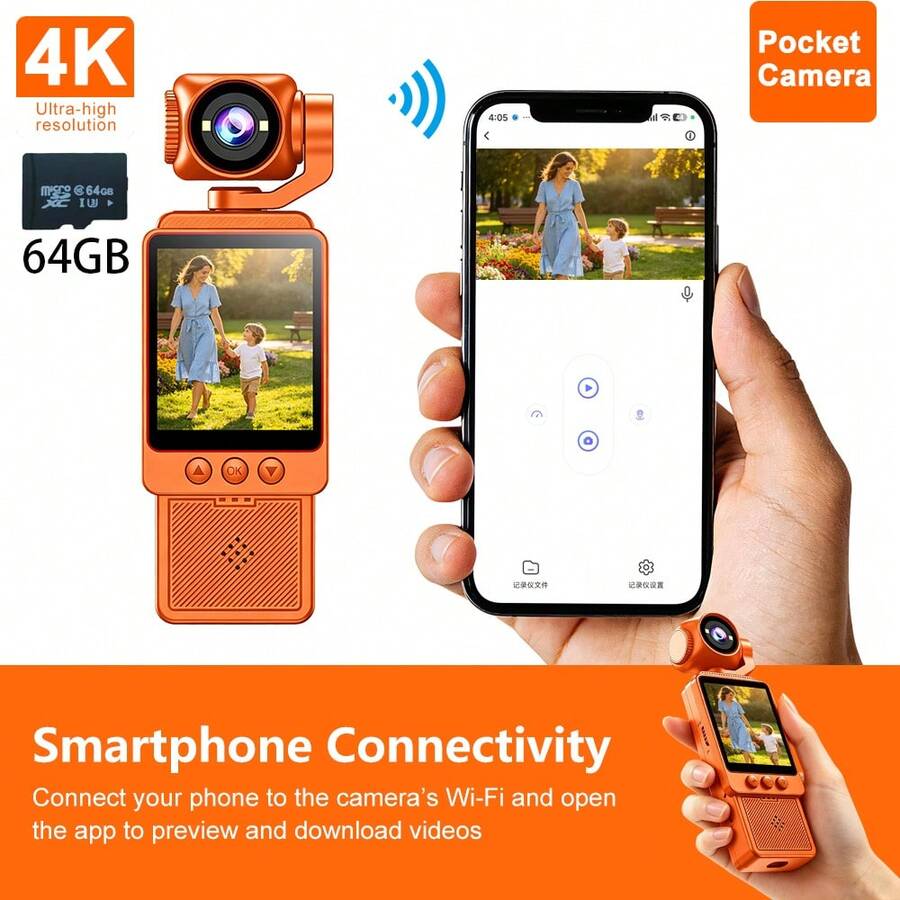 4K Wifi Digital Camera, DV Camera, 180° Rotating Lens, With Flash, 1080P Ultra HD, Motion Stabilization, One-Click Recording/Video Capture, Wifi Phone Connection, Equipped With 64Gb SD Card And 1000mAh Battery