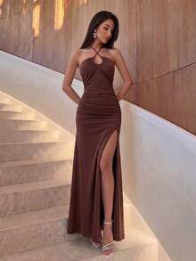 Brown Elegant Halter Neck Maxi Dress With Dramatic High-Leg Slit, Dress For Wedding Guest, Date Night, Beach Vacation, Summer Going Out, Graduation - Brown - View 2