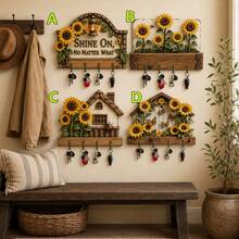 2D Flat, 1pc, Sunflower Welcome Key Hook, Wooden Multi-Functional Home Key Rack, Includes Four Metal Hooks, Wall Decor, Porch Decor, Room Decor, Villa Decor, Seasonal Home Hanging Rack Decor - Multicolor - View 4