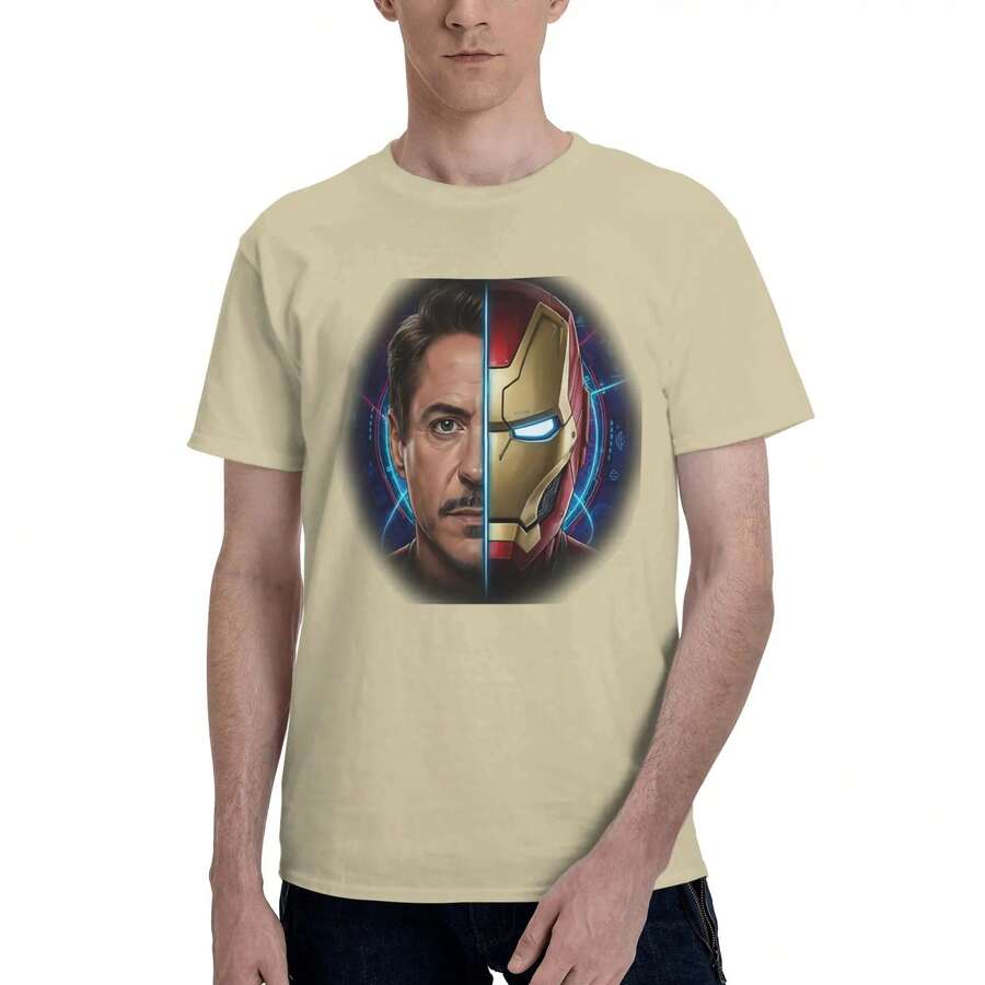 Disney Tony Stark Men's T Shirts Funny Tee Shirt Short Sleeve O Neck 100% Cotton Printing Clothes T-Shirt - 米色 - 查看 1
