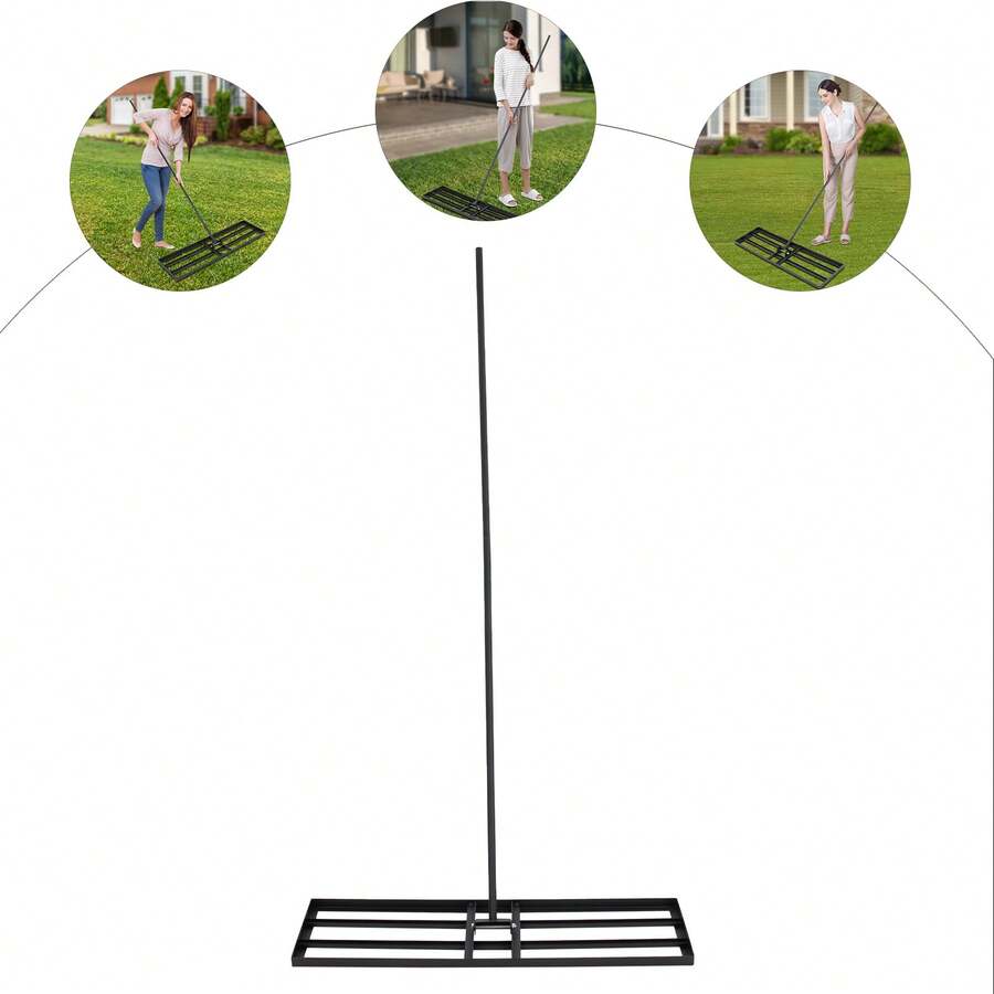 Steel Lawn Leveler Rake, 5.74ft Long Handle 180° Adjustable Lawn Leveling Tool, Grid Design Ground Plate, Detachable Lightweight Garden Rake For Yard, Golf Course, Soccer Field And Farm - A - View 1