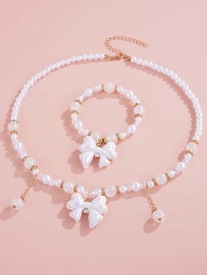 2 Peças Conjunto de Joias de Pérola Princesa Doce, Colar de Contas com Pingente de Laço Coração Flor de Cerejeira & Pulseira Elástica, Presente de Joias Fada Fofa para Meninas