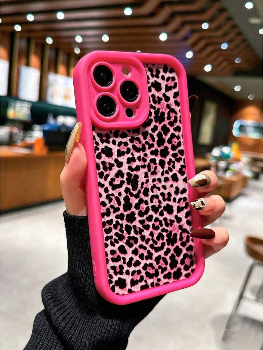 1 pieza Funda protectora sexy con estampado de leopardo rojo rosa, a prueba de golpes y caídas, compatible con 13/11/12/14/15/Plus/Xr, 6/16promax y otros modelos de Apple, cubierta protectora absorbente de impactos - Rosa Fucsia - Ver 1