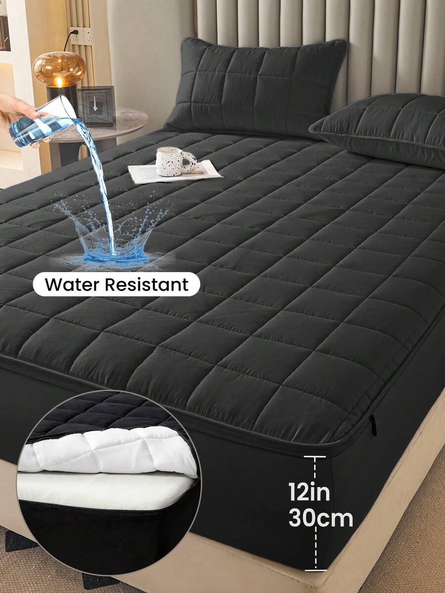 1pc Water-Resistant 6-Sided Zipper Mattress Protector, Quilted Comfortable Fit Bed Sheet, Fits 12 Inch Deep Mattress, Suitable For Twin/Full/Queen/King Bed, Black Breathable Quiet Dust-Proof Skin-Friendly Washable Premium Zipper Mattress Cover