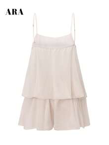 ARA CHIC Women's Summer Double Layer Ruffle Chiffon Romper, Adjustable Spaghetti Strap Flowy Short Jumpsuit, French Vacation Outfit - White - View 9