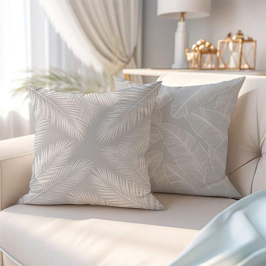2pcs Minimalist White Line Plant Leaf Cushion Covers, Single-Sided Printed Skin-Friendly Peach Skin Velvet Material, 45*45CM Throw Pillow Covers Suitable For Indoor Decor, Party Decoration, Decorative Cushion Covers Gift - Multicolor - View 1