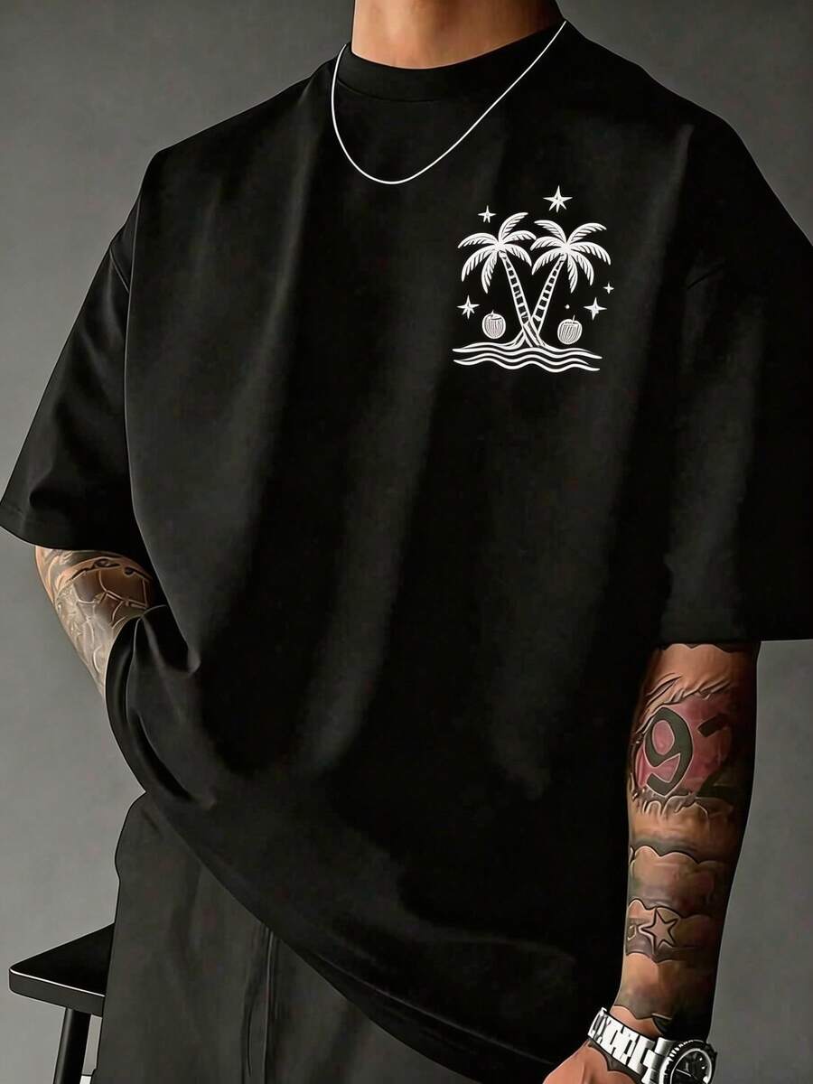 Men's Short-Sleeved T-Shirt With Round Neck, Palm Tree Print, Casual Style. - 黑色 - 查看 1