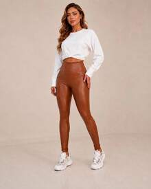 Women's PU Leather Leggings With Thermal Lining, High Waist, Butt-Shaping, With Stitching - 駝色 - 查看 1