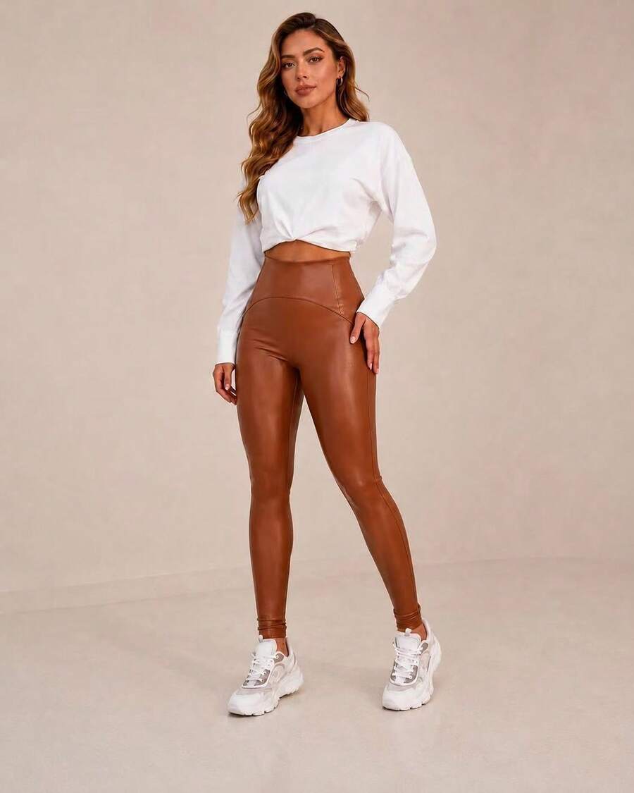 Women's PU Leather Leggings With Thermal Lining, High Waist, Butt-Shaping, With Stitching - 駝色 - 查看 1