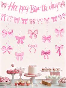 Chic Pink Bow Birthday Banner And Spiral Decorations - Classic Paper Hanging Ornaments For Party Celebrations, English Text, Birthday Party Decorations Pink Bow Birthday Banner Celebration Decor - Multicolor - View 5
