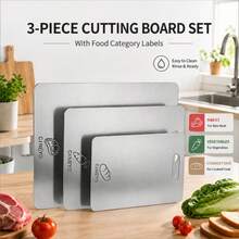 CINEYO 3 PiecesStainless Steel Cutting Board Set, Cutting Boards With Meat, Vegetable, And Bread Icons, Lightweight Non-Slip Kitchen Cutting Mats Suitable For Meat, Vegetables, And Bread, Easy To Clean, Dishwasher . - Silver - View 2