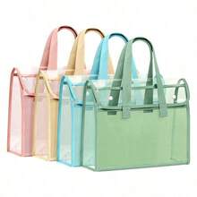 Bolsa de documentos portátil de doble capa transparente, bolsa de almacenamiento impermeable de PVC de gran capacidad, bolso portátil para libros de texto, bolsa de tutoría de color macaron para estudiantes, organizador de archivos de papel para tareas y oficina - W - Ver 6