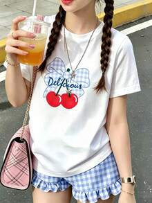 「New Hot」女童白色短袖T恤，櫻桃格紋蝴蝶結印花，淺藍色格紋荷葉邊鬆緊短褲，2件組夏季套裝，適合青少年女孩 - 藍色 - 查看 5