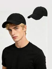 1Pc Distressed Ponytail Mesh Baseball Cap, Adjustable Outdoor Sun Protection Casual Hat, Spring/Autumn Travel Beach - Black - View 1