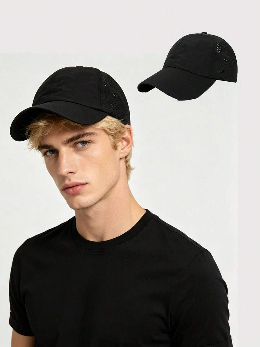 1Pc Distressed Ponytail Mesh Baseball Cap, Adjustable Outdoor Sun Protection Casual Hat, Spring/Autumn Travel Beach - Black - View 1