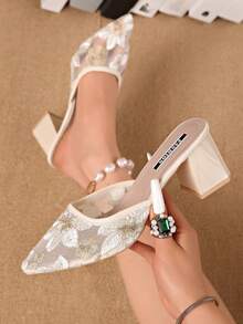 Sandalias de tacón alto con punta puntiaguda y slip-on, con bordado de encaje blanco, de estilo chino moderno, elegantes, bombas de mujer, elegantes, atuendos de fiesta, atuendos de verano - Beis - Ver 2