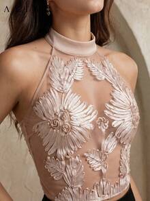 Aliao Summer Floral Crochet Mesh Embroidered 3D See-Through Camisole, Elegant & Sexy, Suitable For Wedding, New Year, Daily Wear - Apricot - View 3