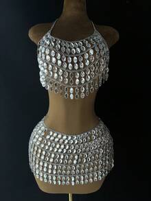 DEKUNER 2pcs Luxury Sparkle Rhinestone Body Chain Set, Handmade Crystal Halter Crop Top + Mini Skirt Set Harness Outfit For Party & Beach - White - View 6