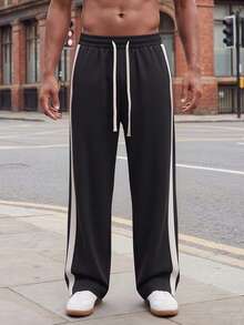 Plus Size Men's Side Contrast Stripe Sweatpants, Draped Straight Leg Wide Leg, Elastic Waist Drawstring Casual Sports Long Pants - Black - View 4
