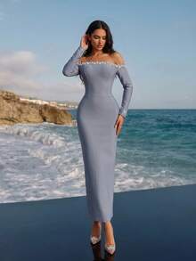 Sexy Long Gown Sleeve Off-Shoulder Heavy Pearl & Rhinestone Embellished Fitted Long Bandage Elegant Wedding Bridesmaid Birthday Party Prom Formal Fall - Grey - View 4