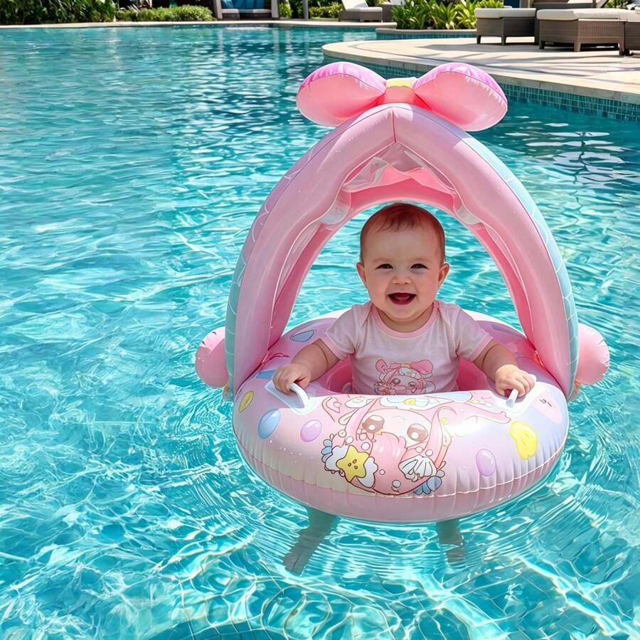 Baby Swim Ring With Sun Canopy, Children's Swim Ring, Removable Sun Canopy Toddler Swim Ring, Inflatable Swim Ring With Seat And Handle, Suitable For Bathtub, Beach, Party Toy, Suitable For Baby, Toddler, Children Summer Training - Pink - View 1
