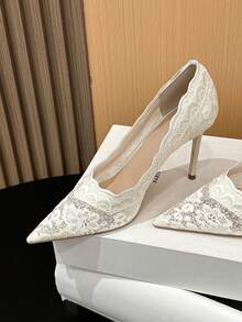 Xin Jing Shoes 女款高跟尖頭鞋 新款性感時尚刺繡網紗 婚禮宴會、日常約會女鞋 - 米色 - 查看 10