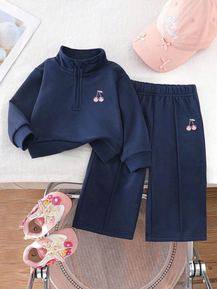 Baby Girl Cartoon Heat Transfer Print Solid Color Sportswear Set, Minimalist Design, Comfortable For Spring, Autumn, Winter, 2-Piece Set - Royal Blue - View 1