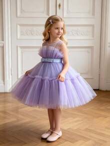 Young Girls' Solid Color Tulle Fluffy Princess Dress With Waist Bow Embellishments , Cute & Elegant Style , Suitable For Birthday Parties , Hair Accessories Not Included - Purple - View 5