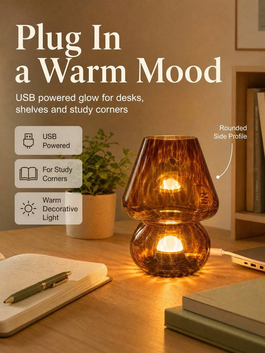 琥珀色玻璃蘑菇 USB 桌燈,溫暖無眩光 LED 床頭氛圍燈,便攜式臥室書桌居家裝飾燈 - 均碼 - 查看 1