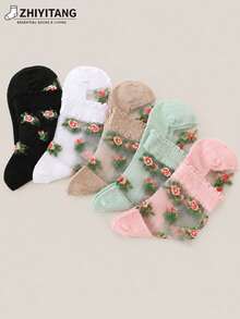 ZHIYITANG 5雙女款碎花刺繡花卉圖案荷葉邊蕾絲優雅性感迷人透視玻璃絲長襪，春夏薄款透氣舒適柔軟吸濕排汗，運動休閒街頭風日常穿著長襪 - 彩色 - 查看 5