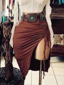 High-Waisted Denim Mini Skirt With A Slit, Ruching, And Drawstring. Cool, Comfortable, And Flattering For All Figures. Grab This Unbeatable ! - Reddish-brown - View 4