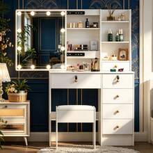 Makeup Vanity Table And Stool Set With LED Sliding Mirror, Drawers, Shelves - Makeup Dressing Table With Mirror And Stool, Makeup DeskVanity Dressing Table Drawers And Stool Set Desk With LED Lights Mirror - White - View 3