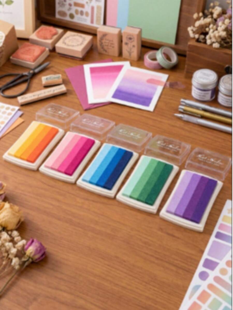 Gradient Color Ink Pads 7.2x5.2cm 4-Color Gradient 1 Piece Per Color (Orange/Pink/Blue/Green/Purple) Suitable For Scrapbooking, Card Making, Paper, Wood, Fabric, DIY Crafts, Thanksgiving, Christmas, New Year Gifts - A - View 1