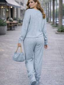 Conjunto Dama Dos Piezas Pantalón y blusa de moda casual de uso diario - Azul - Ver 4