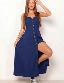 Swisz Women's Long Loose Viscose Polka Dot Dress With Straps - 藏蓝色 - 查看 1