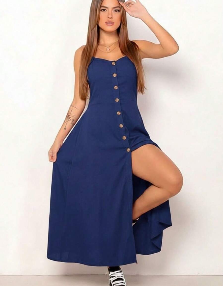 Swisz Women's Long Loose Viscose Polka Dot Dress With Straps - 藏蓝色 - 查看 1