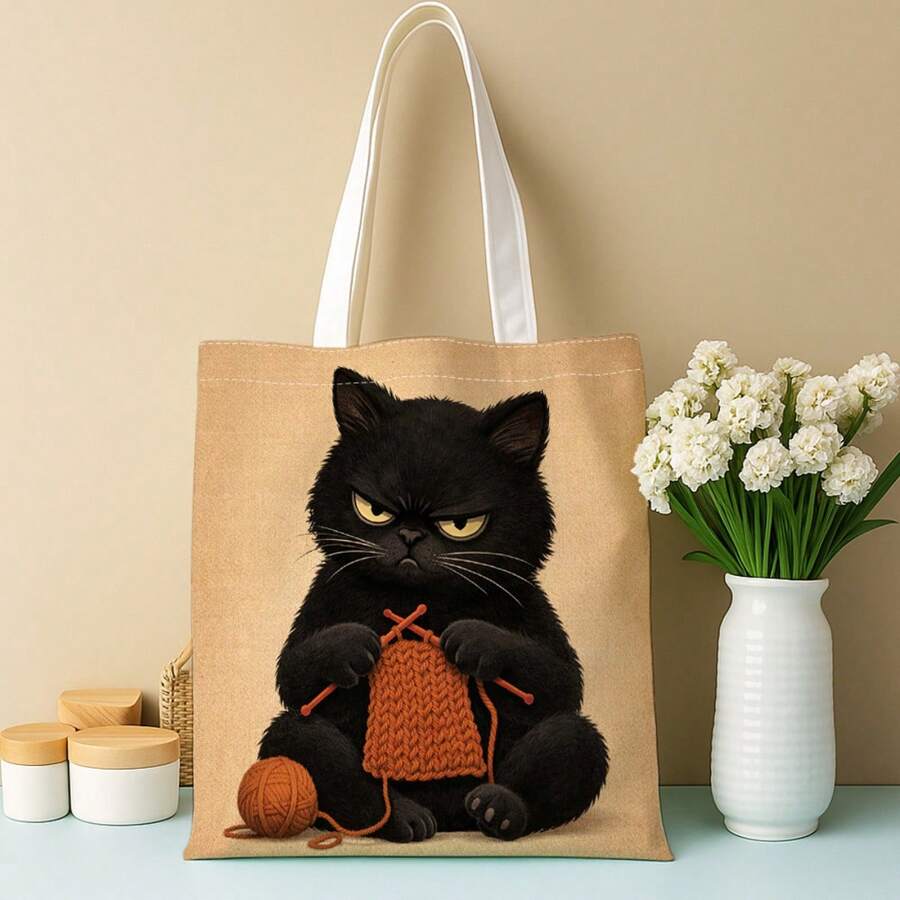 1pc Cute Animal Illustration Realistic Tote Bag, Cat Knit Comfortable Soft Detail Design Reusable Shopping Bag, Multifunctional Double-Sided Print Handbag, Casual Style, Perfect For Book Lovers